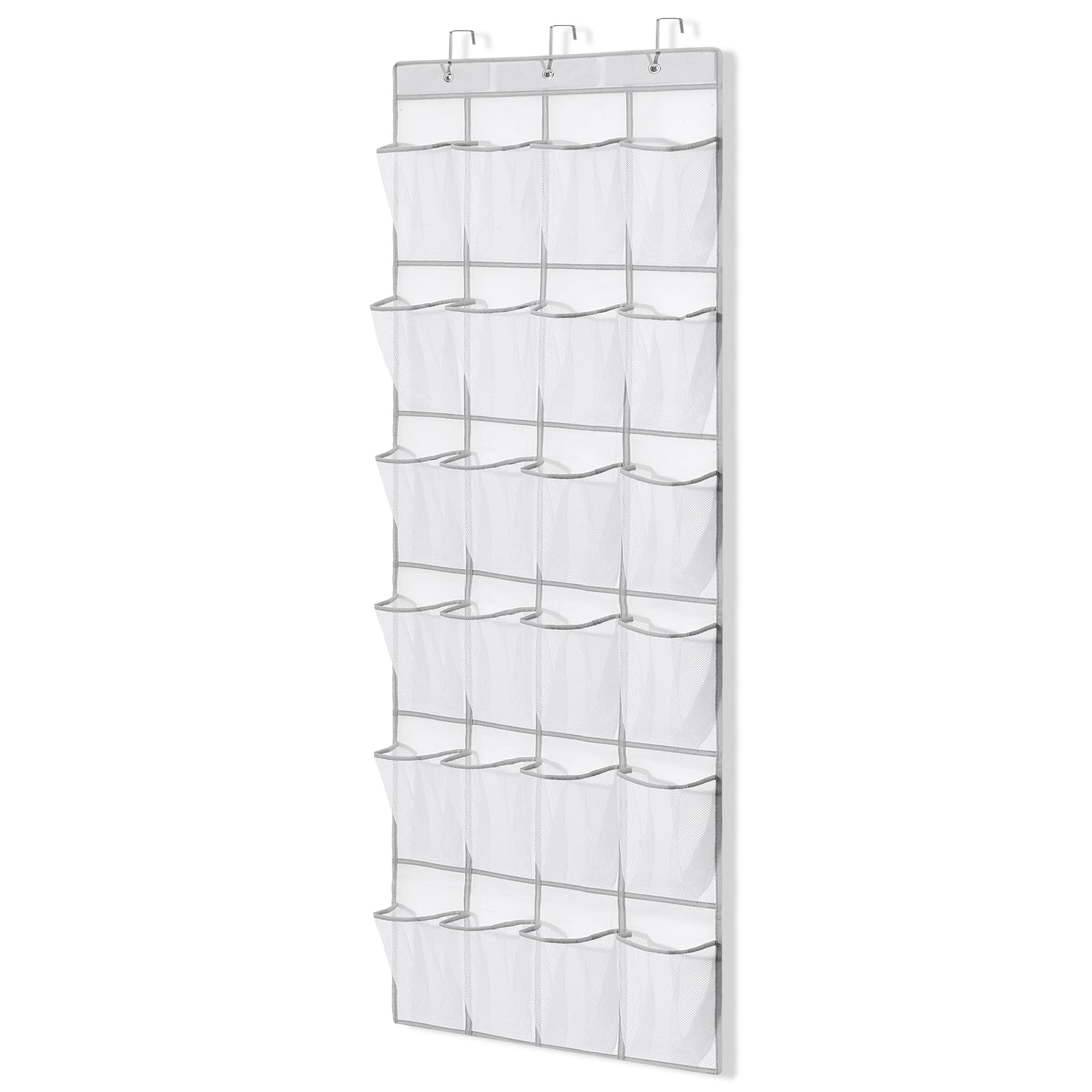 Suacculent Over Door Shoe Organiser, Hanging Shoe Holder with 24 Large Mesh Pockets and 3 Hooks, for Shoes, Toys and Small Items, Space Saving Storage Rack, White