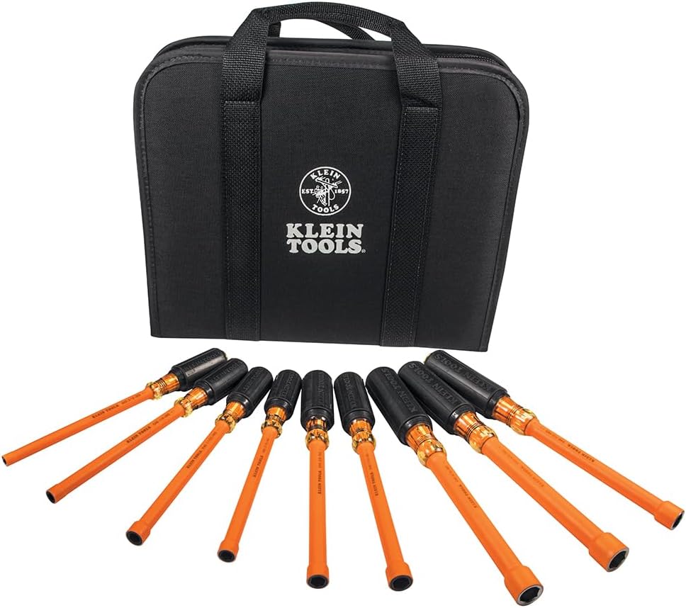 Klein Tools 33524 Tool Kit, 1000V Insulated Nut Driver Set, Sizes 3/16, 1/4, 5/16, 11/32, 3/8,7/16,1/2,9/16,5/8-Inch, with Case, 9-Piece