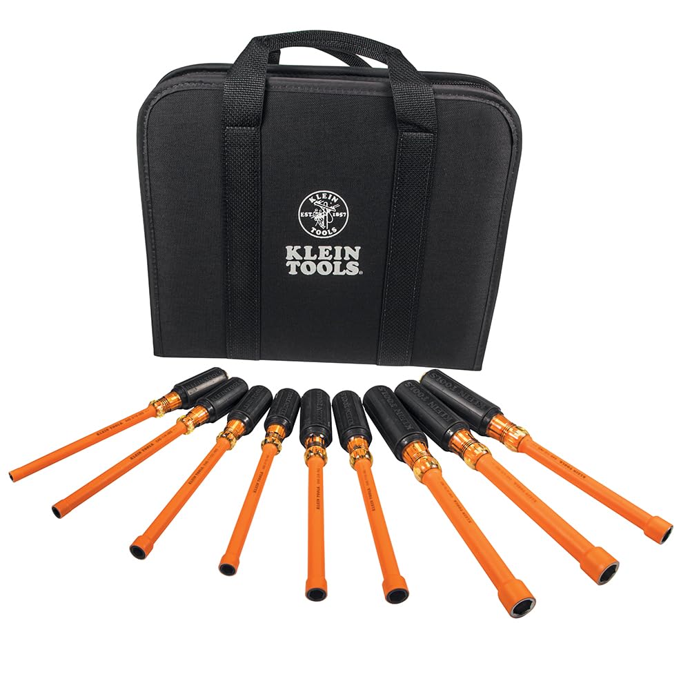 KLEIN TOOLS 33524 Kit de herramientas, fabricado en Estados Unidos, juego de destornilladores de tuercas aislados de 1000 V, tamaños 3/16, 1/4, 5/16, 11/32, 3/8, 7/16, 1/2, 9/16, 5/8 pulgadas, con