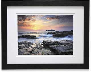 A4 framed photograph by Andrew Ray featuring sunset at Godrevy Lighthouse in Cornwall.
