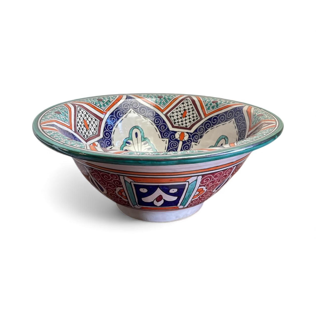 Lavabo Marocchino in Ceramica Dipinta a Mano, 40 cm, Motivo Floreale Blu e Verde, Fes Artigianale