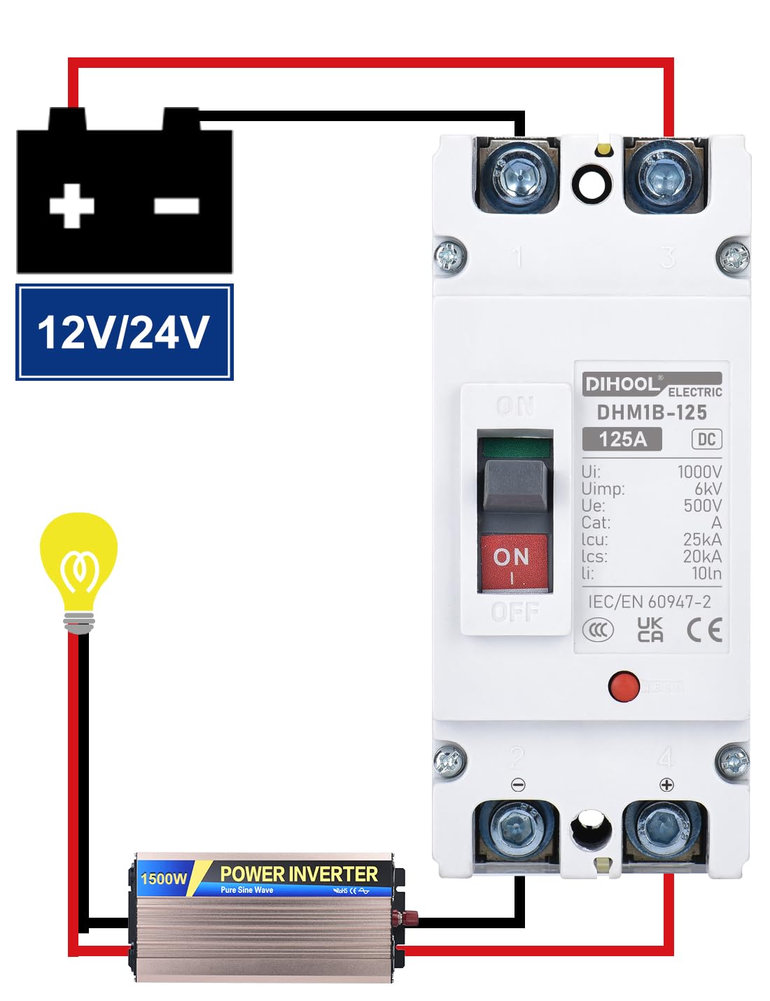 DIHOOL 125 Amp DC Circuit Breaker, Battery Disconnect Switch for Power Station Solar System