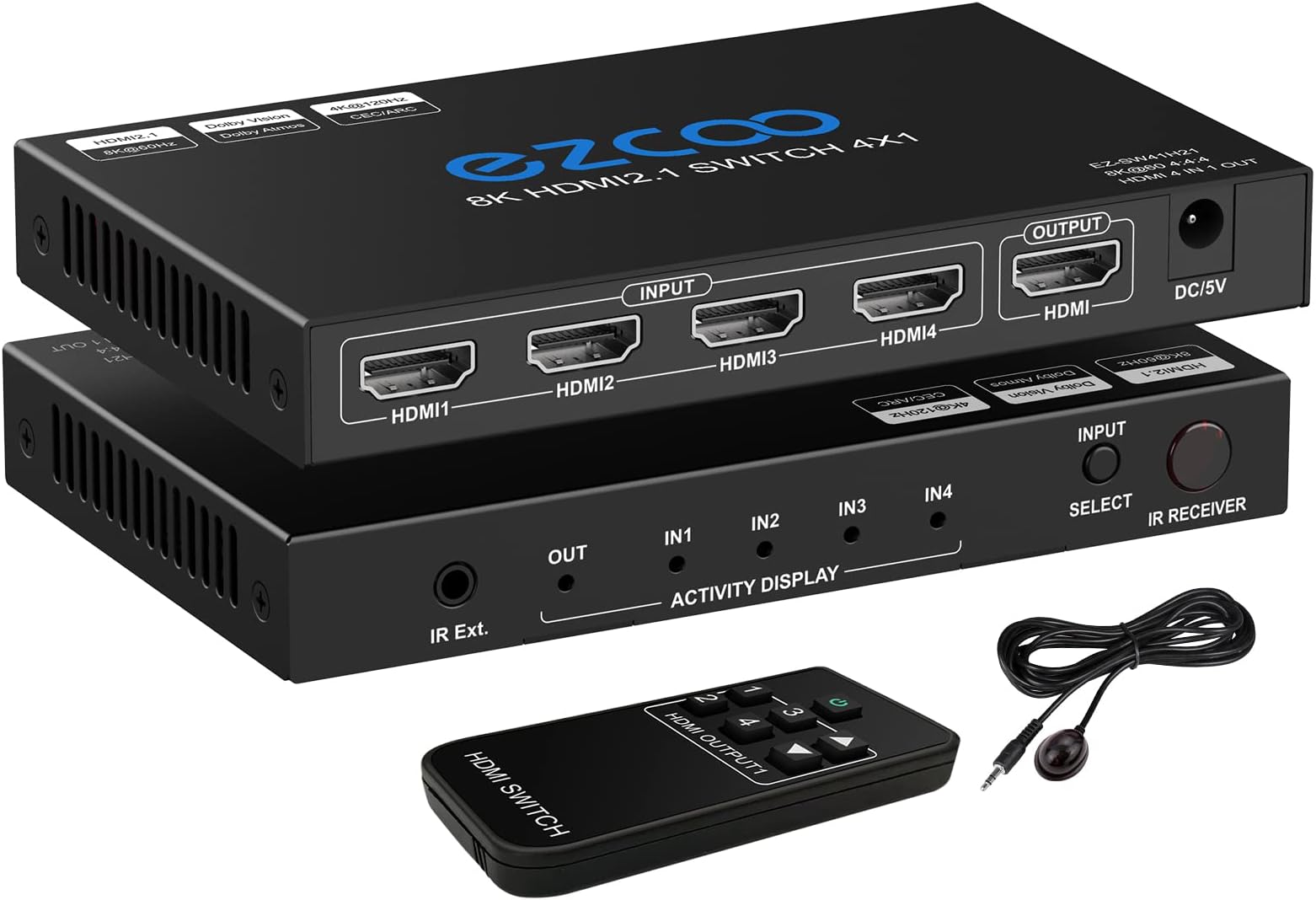 8K HDMI Switch 4x1 HDMI 2.1 Switcher 8K@60Hz 4K@120Hz CEC Arc HDCP2.2 48Gbps 4 in 1 Out HDR D-olby Vision Atmos IR Remote Support All Resolutions SW41H21
