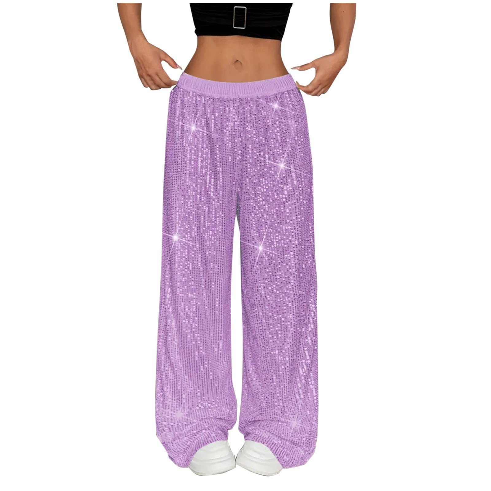 Womens Sequin Sparkly Pants Trendy Elastic Waist Party Clubwear Casual Bling Glitter Trousers Straight Leg Pants
