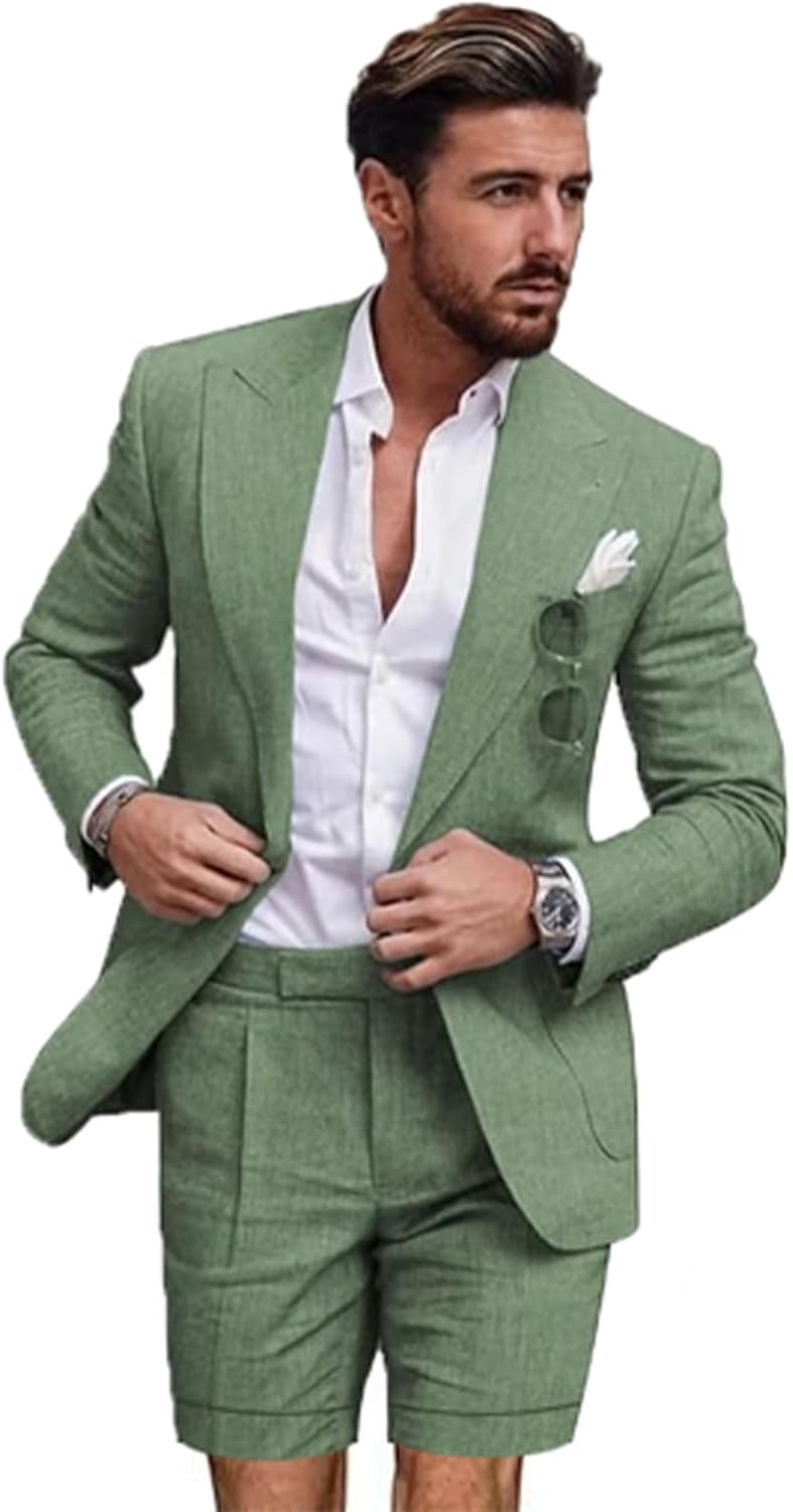 Men's Linen Short Suit Set - 2 Piece Summer Blazer And Shorts For Beach Weddings & Casual Events