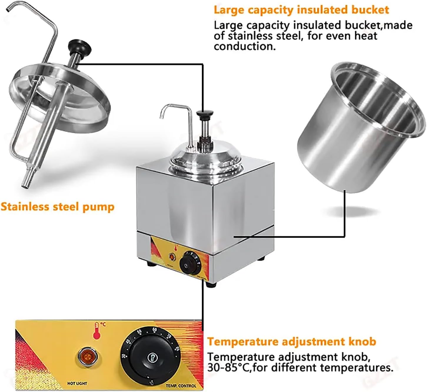 Commercial Hot Fudge Warmer, Electric Cheese Dispenser with Indicator Light, Adjustable Temperature Range and 5L Large Capacity, Removable Pump Head and Easy to Cleaning, for Kitchen, Cake Shop