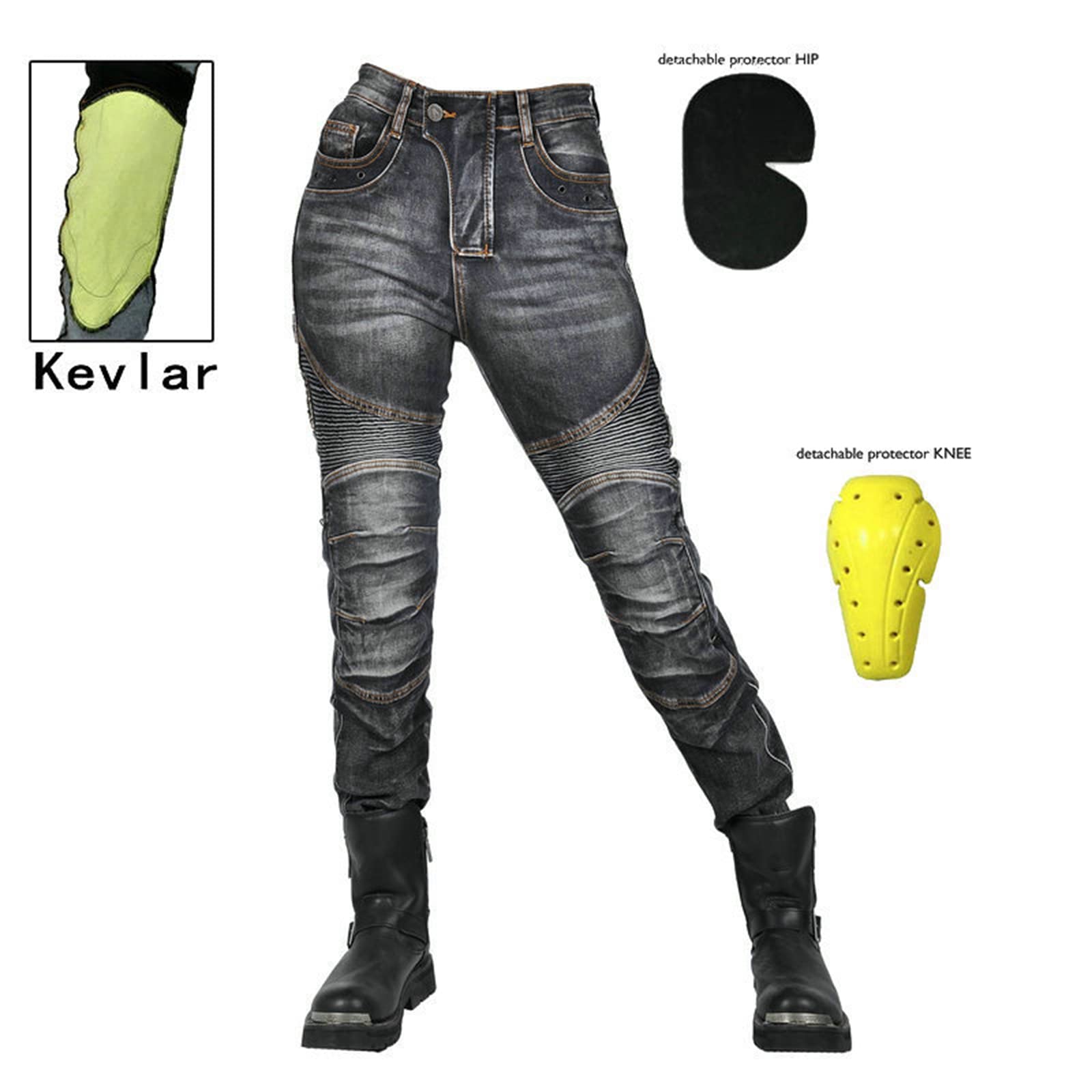 Spodnie motocyklowe, jeansowe, rozciągliwe, styl casualowy, vintage, tekstylne, z ochraniaczami, czarny, M