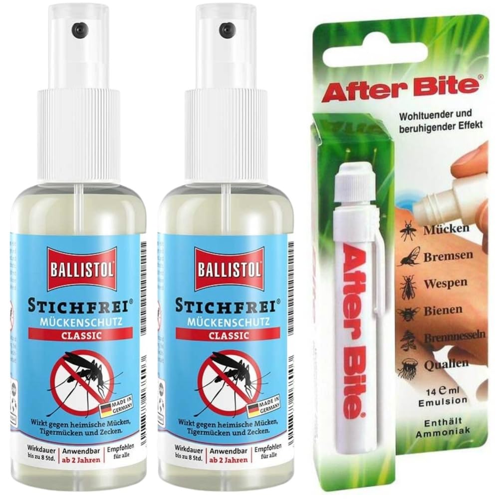 BALLISTOL Set – 2x Stichfrei Mückenschutz Classic 100 ml + After Bite | Schutz vor Mücken und Zecken + schnelle Hilfe bei Insektenstichen
