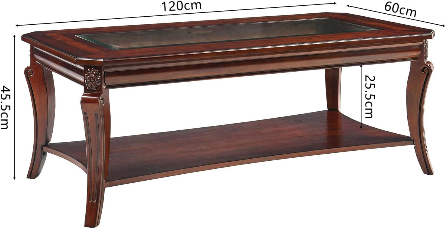 Coffee Table with Tempered Glass Top and Storage Shelf, Farmhouse Living Room Tables with Carved Solid Wood Leg, 47.2”L Rectangular Cocktail Center Table-, Easy Assembly Cherry Brown KFZ-A1168-GT