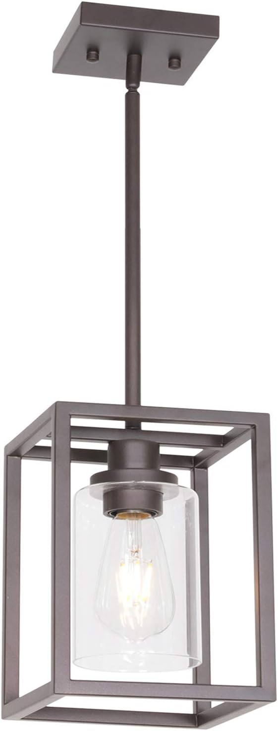 VINLUZ Single Modern Glass Pendant Light Metal Classic Oil Rubbed Bronze with Clear Glass Shade Fixture for Foyer Kitchen Entryway Dining Room