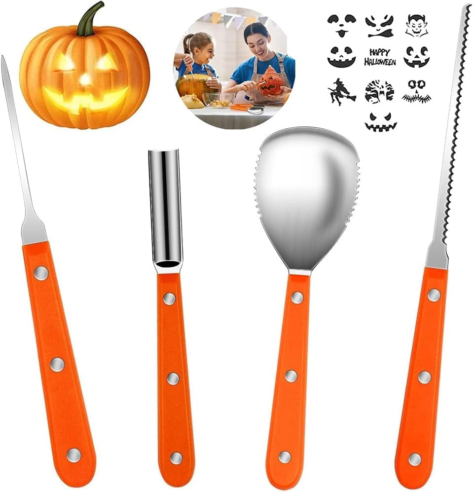 Ubitree 4 PCS Halloween Pumpkin Carving Kit with Stencils, Professional Heavy Duty Stainless Steel Pumpkin Carving Tools Set, Pumpkin Carving Knives for Kids and Adult
