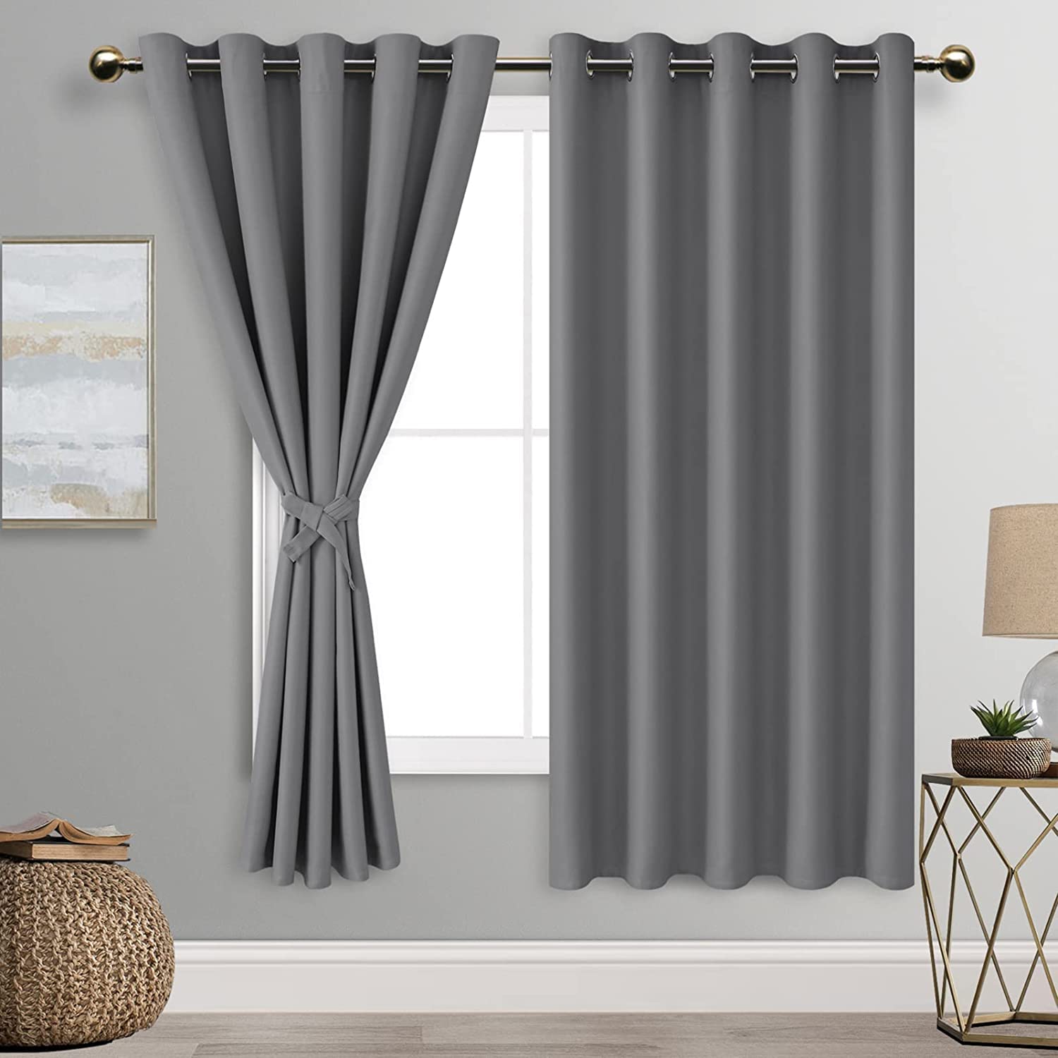 DWCNGrey Blackout Curtains with Tiebacks for Bedroom Thermal Insulated Solid Eyelet Curtains for Living Room,2 Panels,66" Wide x 72" Drop