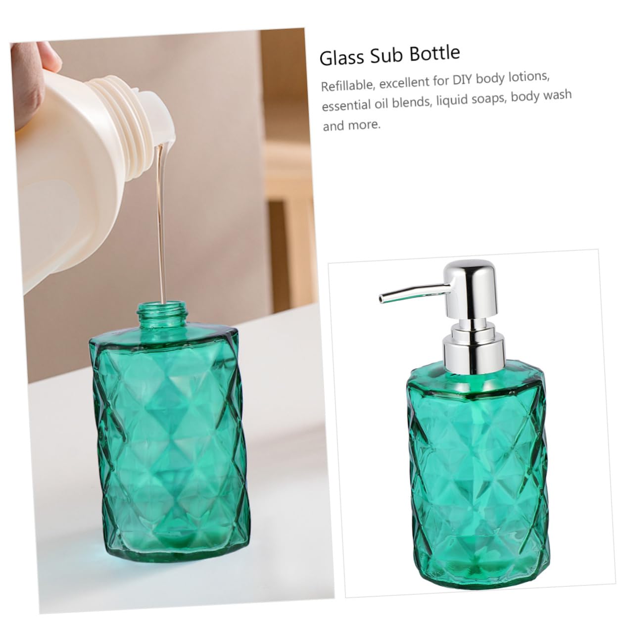 Flacone Dispenser Shampoo 330ml Verde in Vetro e Plastica, 2 Pezzi | Ampia Apertura per Ricarica Facile, Testina Pompa Removibile, Design Moderno Compatto