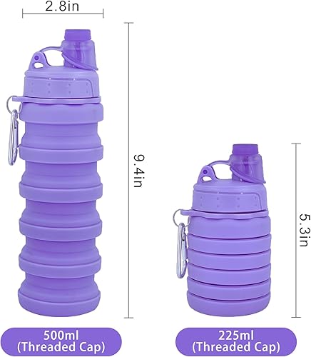 Miniatura 9 de Botellas de agua plegables, paquete de dos botellas de agua portátiles para deportes de viaje, vienen con hebilla de montañismo de 16.9 fl oz,