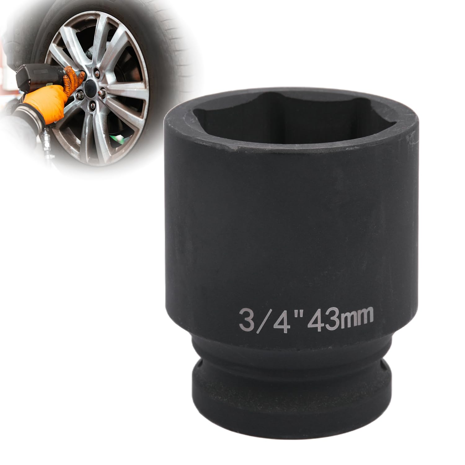 Deep 6-Point Impact Socket 3/4" Drive 43mm,Chrome Molybdenum Steel, Anti-Rust Metric Hex Socket for Car Repairs and Impact Wrench