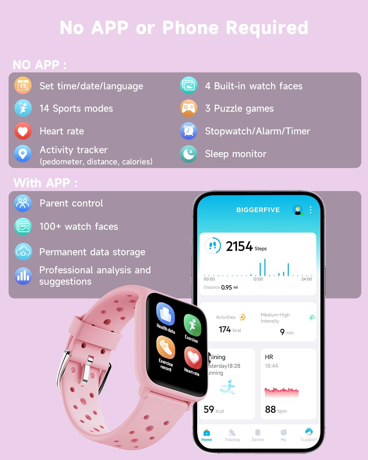 BIGGERFIVE Smart Watch for Kids Without APP, Fitness Tracker Watch Pedometer, Heart Rate, 5ATM Waterproof, Sleep Monitor, Calorie Step Counter, Games, Alarm Clock for Girls 5-14, Porous Pink