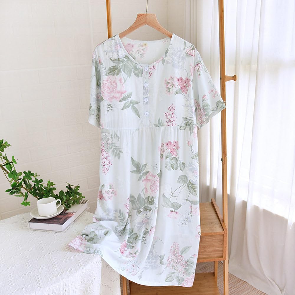Camisón para Mujer - Primavera/Verano Falda De Mujer De Manga Corta con Almohadilla En El Pecho Camisón con Estampado De Flores Camisón Largo Vestido para Casa Suelto