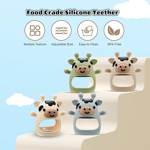 Miniatura 4 de TOHIBEE Paquete de 2 juguetes de dentición para bebés de 0 a 6 a 12 meses, guantes de dentición de vaca ajustables de silicona de grado alimenticio,