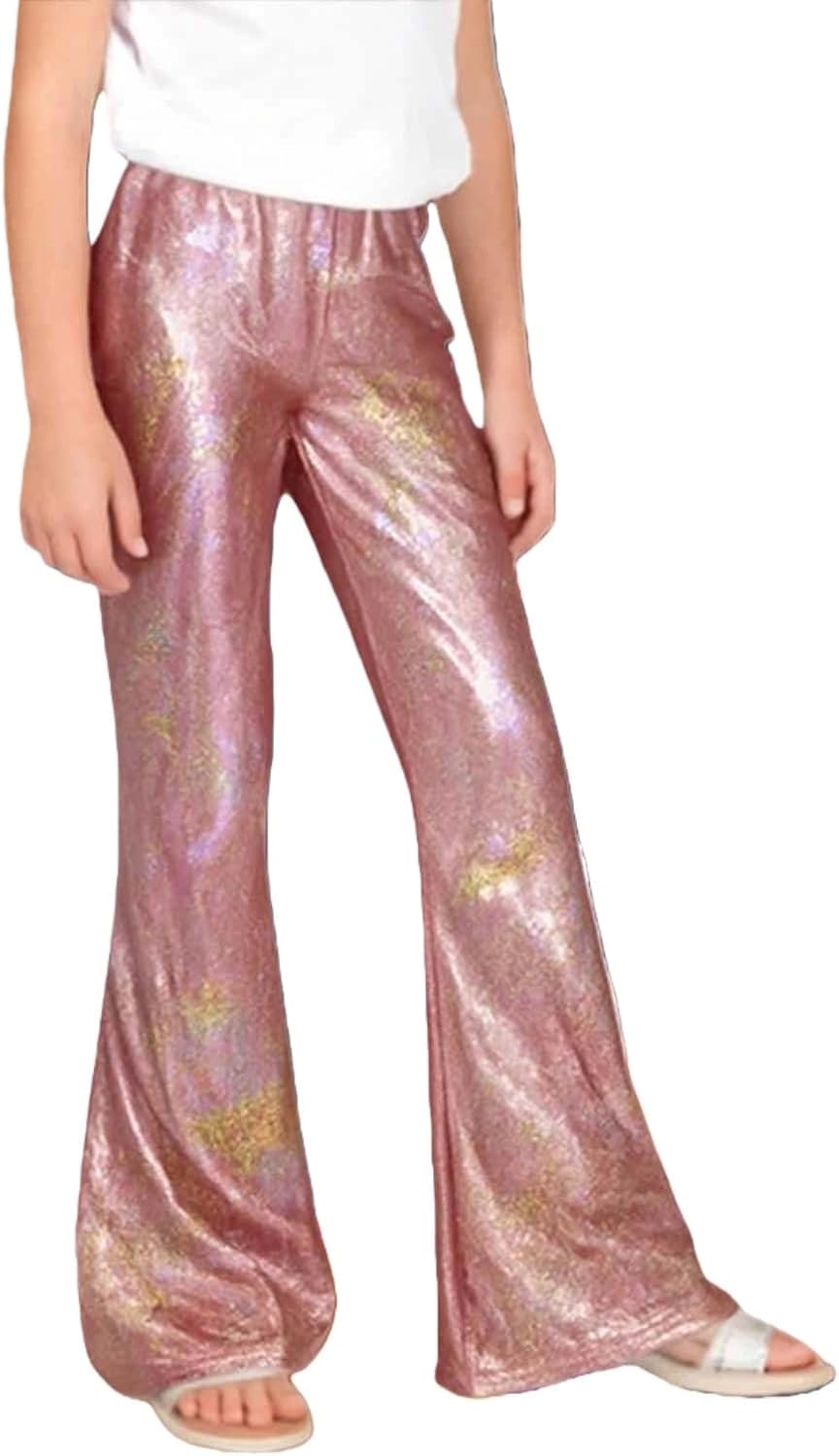 Sequin Flare Pants for Girls Carnival Sparkly Metallic Elastic Waist Dance Yoga Bell Bottom Teen Glitter Party Leggings