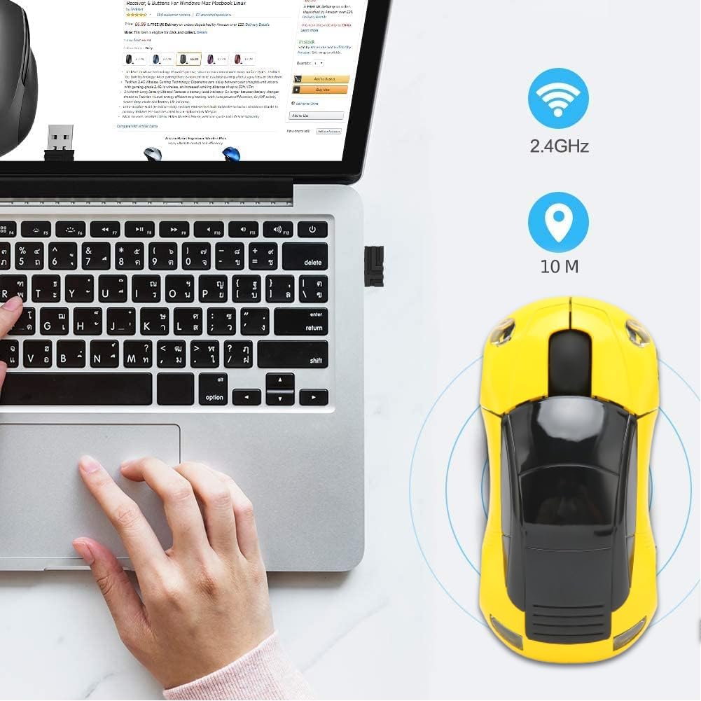 GOWENIC 2.4G Wireless Car Mouse, 3D Sports Shape Computer Mouse, 1600DPI Gaming Mouse, Plug and Play, Battery Powered, Compatible with Linux and OS X