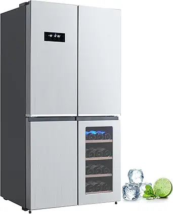 21 Cu. Ft French Door Counter Depth Stainless Steel Refrigerators with 4 Doors, Bottom Freezer, Interior Led Light, and Wine Cooler – Perfect for Kitchen, Office