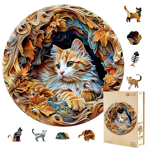 Jollitot Wooden Puzzles Adults, 3D Cat Puzzle Wooden Puzzles 300 Pieces, Unique Animal Shaped Wood Challenging Jigsaw Puzzles Gifts for Women Cat Lovers Adults, 13.4x13.3in