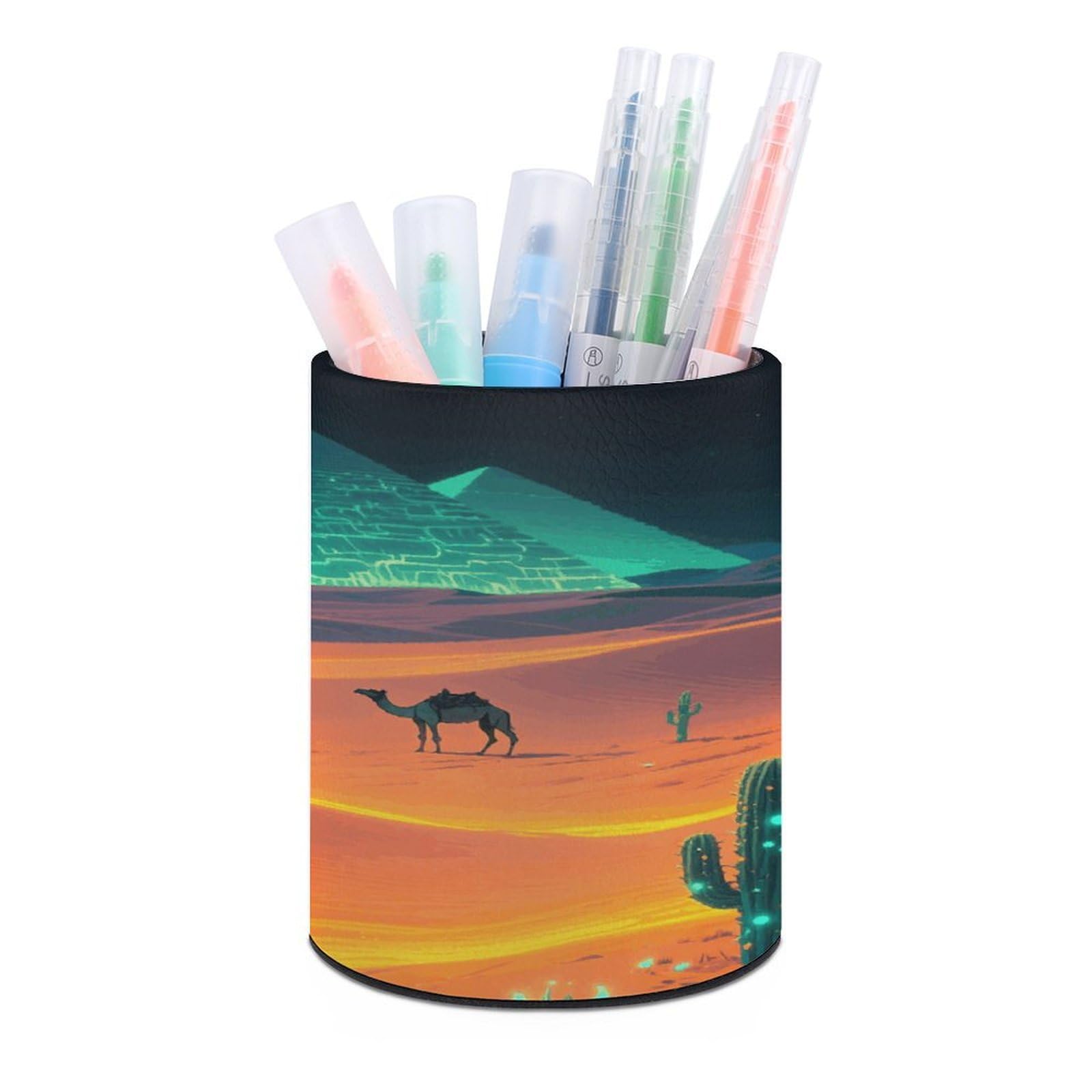 VstaDank Shining Desert Round Pencil Holder PU Leather Desk Organizer Brush Decoration Holder for Office Desk Home (3.1 x 3.9 inch)