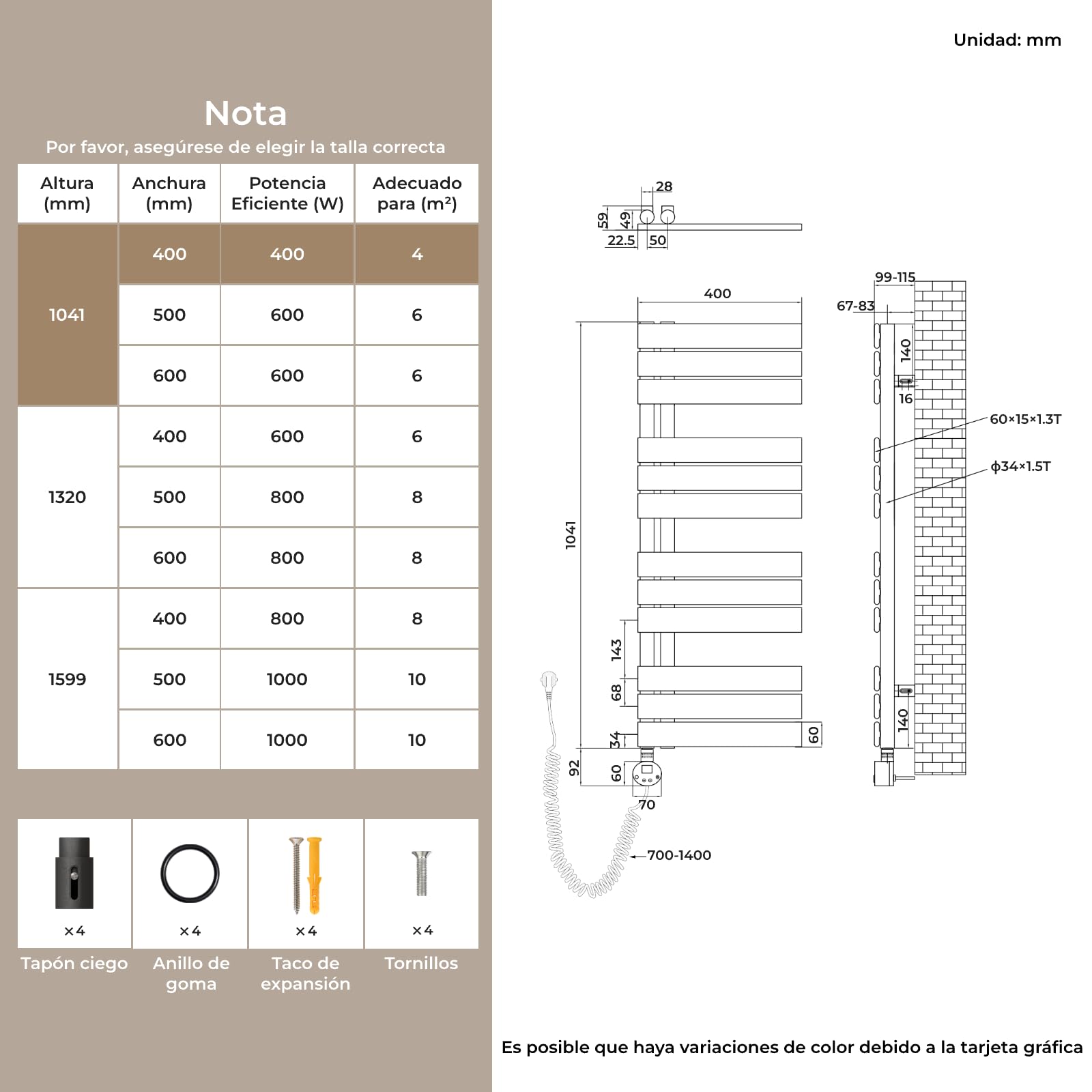 S'AFIELINA toallero eléctrico con termostato Antracita, 1041x400mm, 400W, radiador eléctrico para Toallas, Resistencia eléctrica, Temporizador, termoarredo para baño, Panel con conexión Lateral