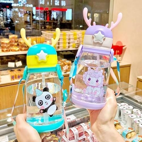 Garrafa Infantil Água Alce Fofa Squeeze Canudo com Alça Ideal Para Escola e Passeios Portátil Antiva