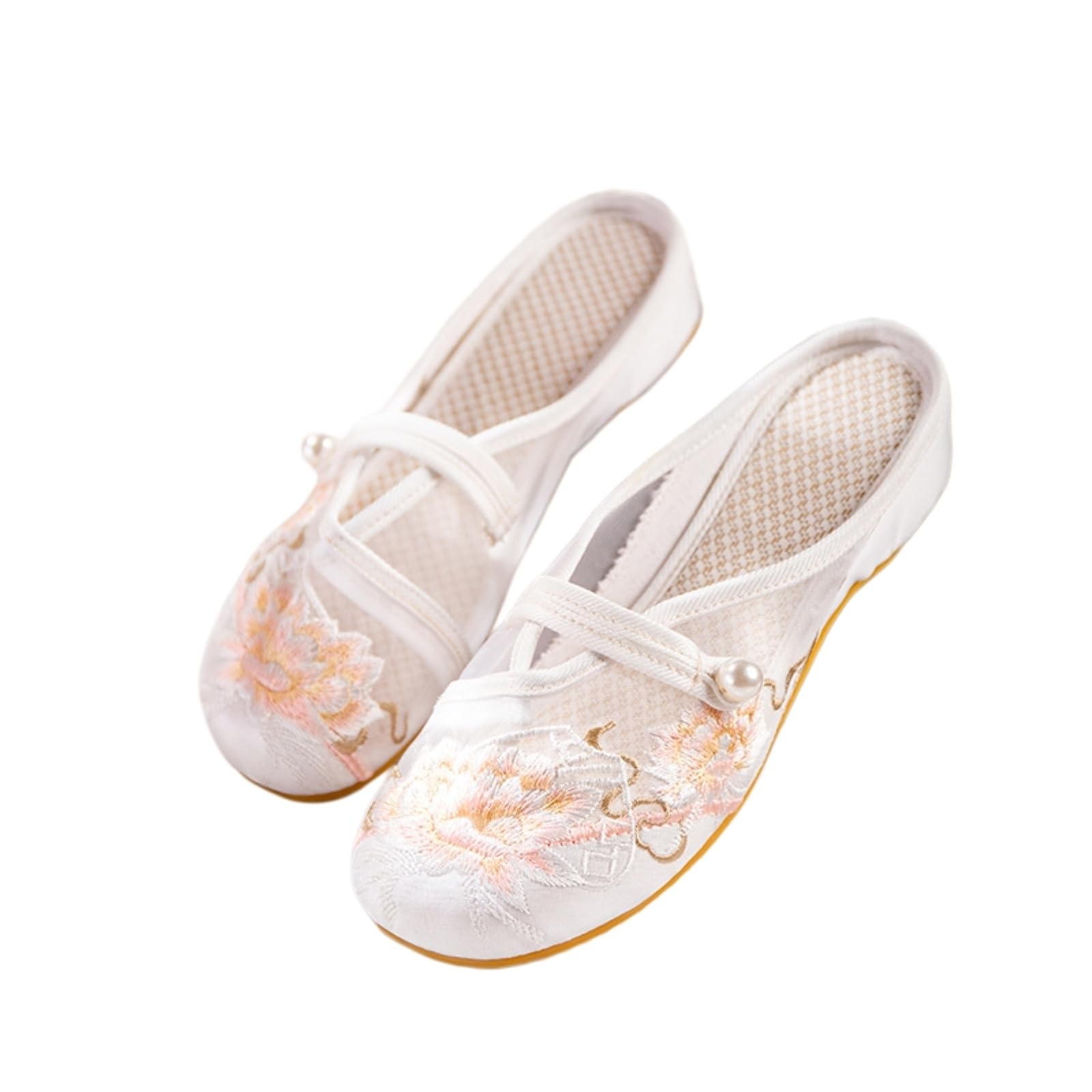Gyios Women's White Clogs & Mules Floral Embroidery Mesh Mule Slippers, Slip-On Strap Flat Rubber Shoes For Dresses Pants Daily Wear-41
