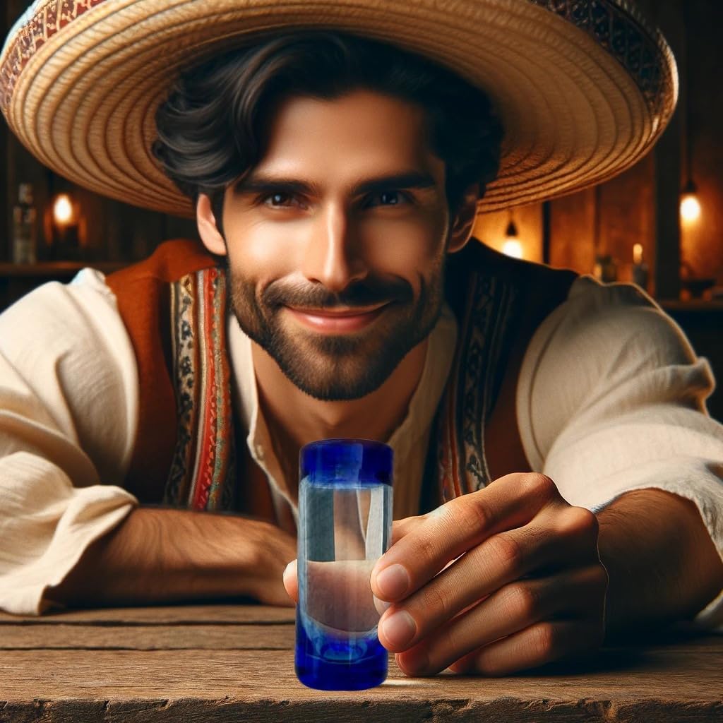 Hand Blown Mexican Tequila Shot Glasses - Set of 6 Cobalt Blue Rim (3oz) - Authentic Artisanal Recycled Glass for Mezcal & Fiesta Decorations