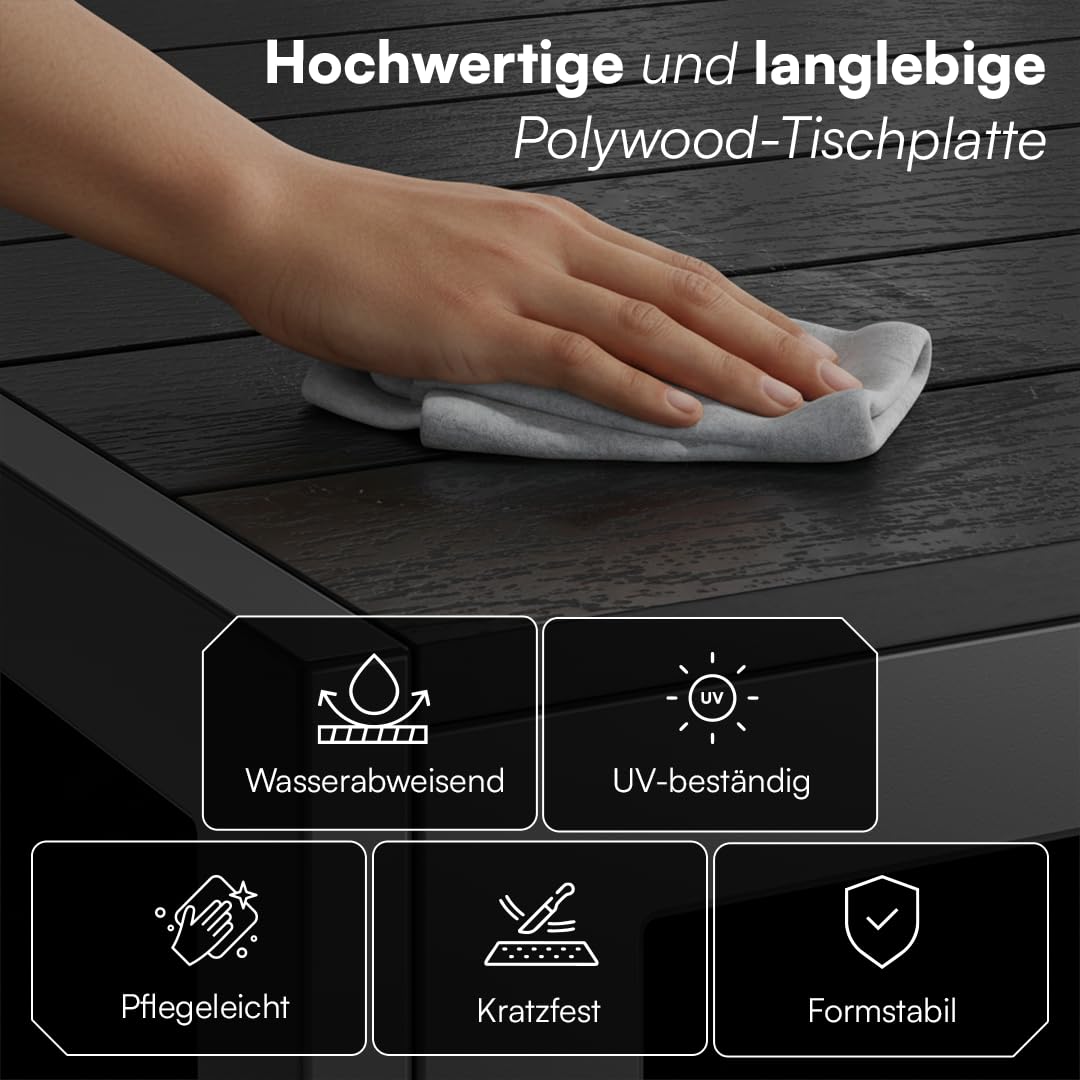 STEELSØN Alaris Gartentisch 115x71 cm – Esstisch Garten für 6 Personen – Balkontisch mit Metallgestell, Schwarz – Outdoor Tisch für Balkon – Terrassentisch mit Kunstholz Tischplatte UV- & wetterfest