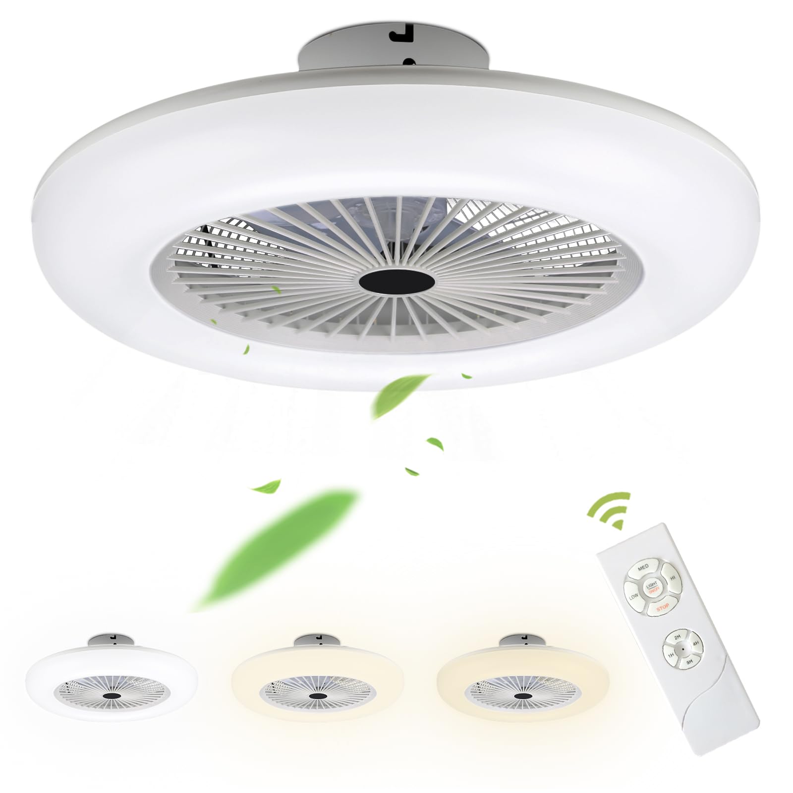 Fiqops Ventilador de Techo con Luz y Control Remoto, Ventiladores de Techo Silencioso 80W, 3 Velocidades, Luz Fría/Neutra/Cálida, para Dormitorio, Sala de Estar