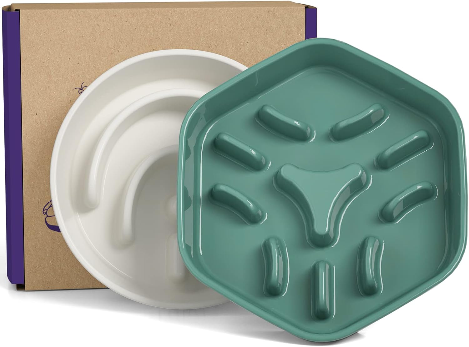 LE TAUCI PET Ceramic Slow Feeder Dog Bowl, 1.5 Cups Slow Down Eating Dog Food Bowl White, 3 Cups Puzzle Feeders Green, Dog Maze Bowl
