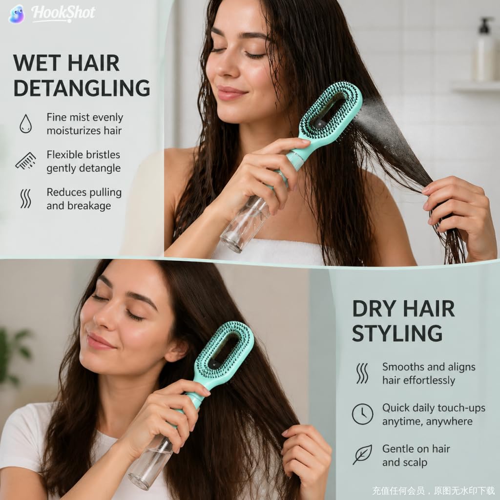 2-in-1 Misting Hair Brush with Built-In Water Spray, Detangling Wet & Dry Hairbrush for Curly, Thick Hair & Kids, Fine Mist Sprayer, Refillable Reservoir, Anti-Frizz, Portable (Light blue)