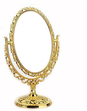Guppy Desktop Makeup Mirror, Antique Vintage European Style Two Sided Swivel Oval Tabletop Vanity with Embossed Hollow Flower Shiny Pedestal Makeup MirrorGold