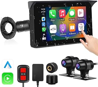 VSYSTO 5 Inch Motorcycle Carplay Touchscreen, Wireless Carplay and Android Auto, GPS Navigation Waterproof WiFi Motorcycle Dash Camera HD 1080P Front and Rear Camera, Tire Pressure Sensors (5inch)