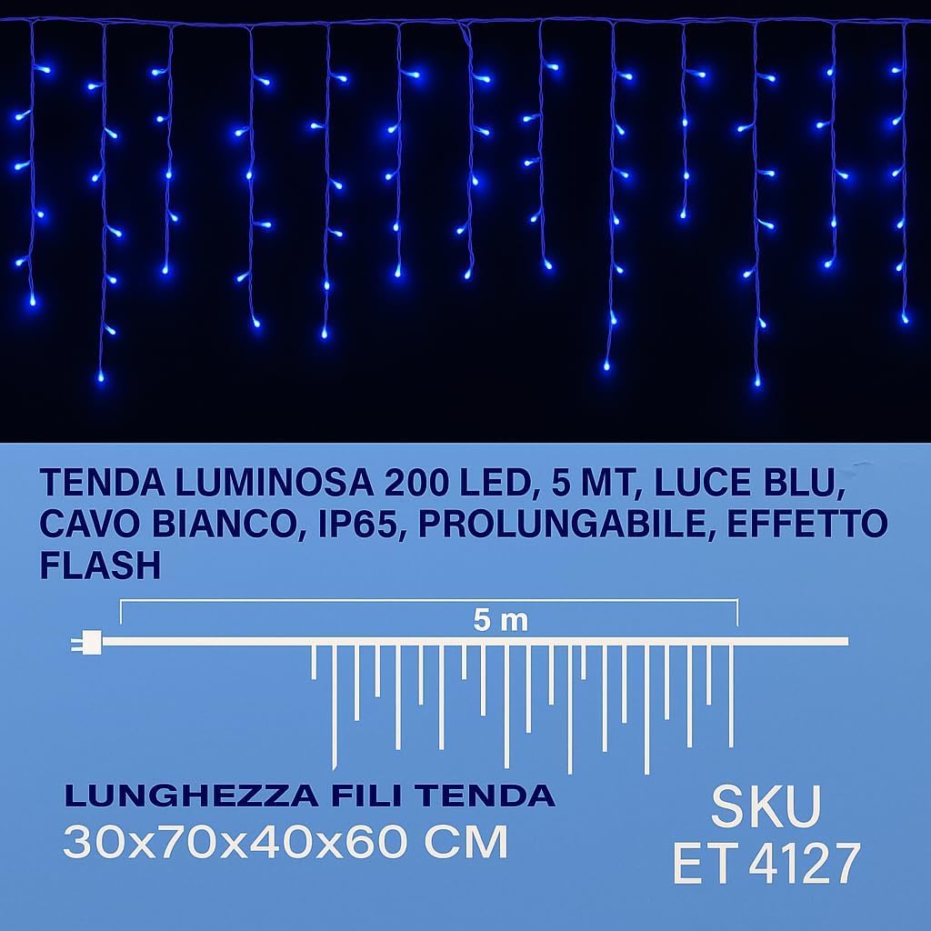 Elektronova Tenda Luminosa 200 LED, 5Mt, Luce Blu, Cavo Bianco, IP65, Prolungabile, Effetto Flash, Con fili pendenti a lunghezze alternate (30–70–40–60 cm) per effetto a cascata