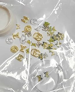 Luxury Nail Art Metal Decorations Set, Gold and Silver Designer Logo Charms with Butterfly Accents for Professional Manicure