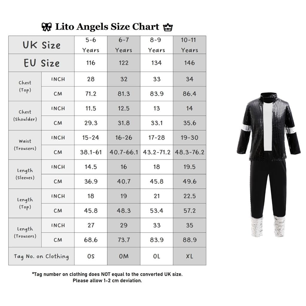 Lito Angels Costume Pop Star Anni '80 '90 per Bambini Ragazzi 5-11 Anni, Set 6 Pezzi con Giacca Nera con Paillettes, Pantaloni, Cappello, Guanto – Spettacoli Halloween