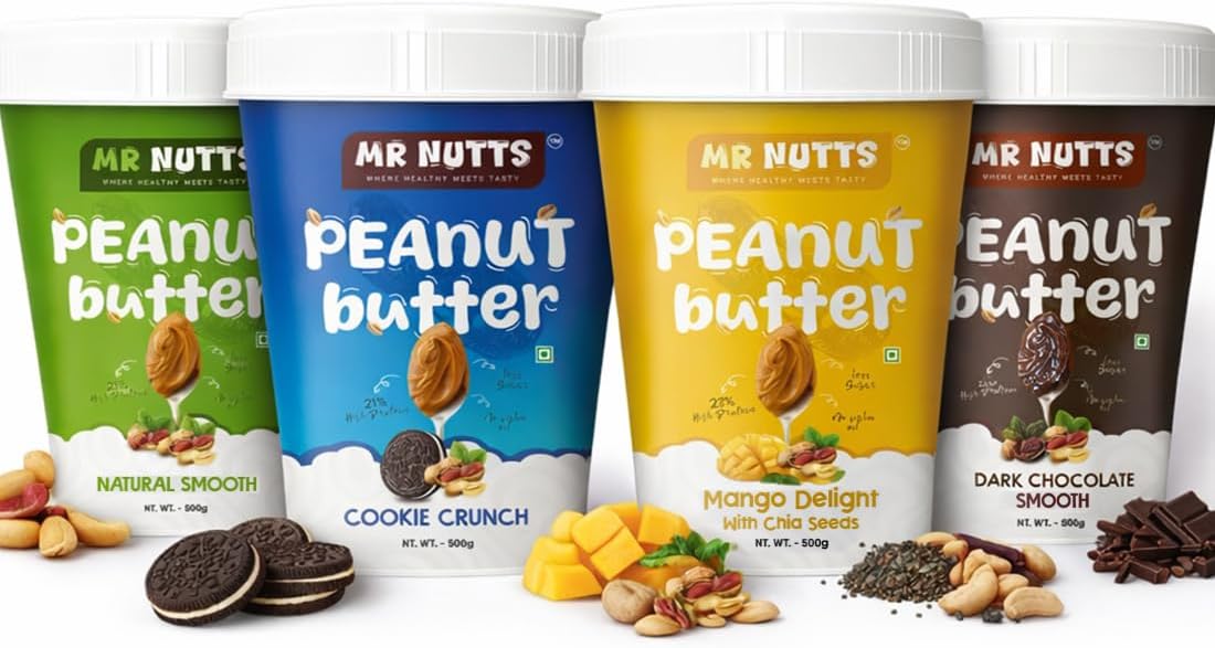MR NUTTS Peanut Butter Combo – Natural Smooth, Dark Chocolate Smooth, Mango with Chia Seed & Cookie Crunch | Upto 28 gm Protein & 100% Roasted Peanuts with No Trans Fat – Pack of 4 (500 gm Each)