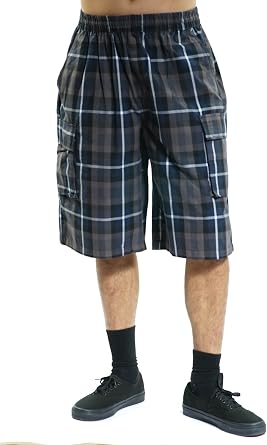 YAGO Men's Elastic Waist Drawstring Relaxed Fit Plaid Cargo Shorts S-5XL