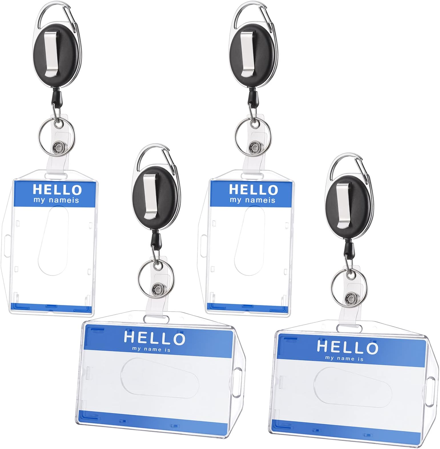 4pcs Retractable Badge Holder, ID Card Holders with Retractable Keyring, Reel Clips Badge Holder Two-Sided, Horizontal/Vertical Clear ID Card Holder with Key Belt Reel for Identity Card Pass Badge