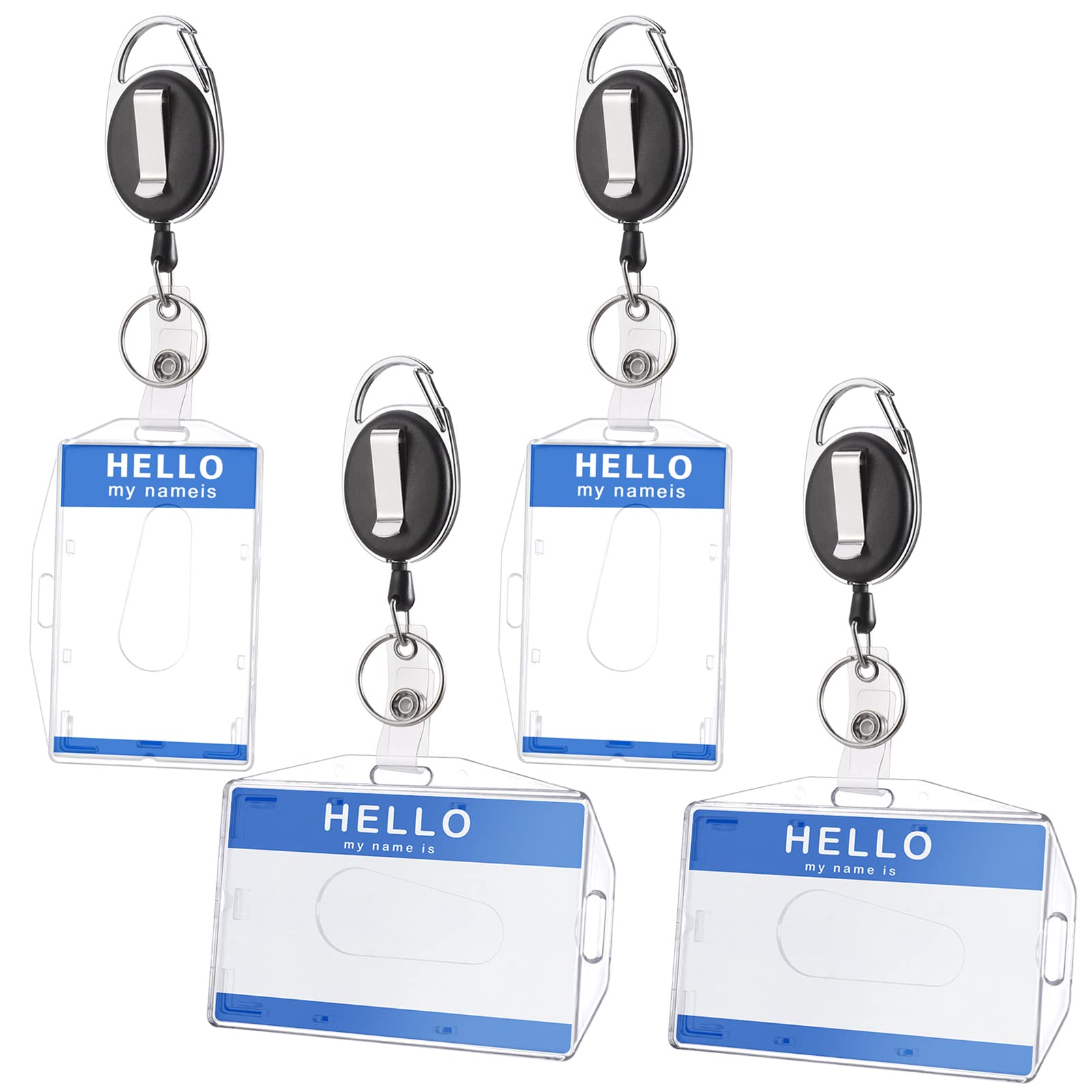4pcs Retractable Badge Holder, ID Card Holders with Retractable Keyring, Reel Clips Badge Holder Two-Sided, Horizontal/Vertical Clear ID Card Holder with Key Belt Reel for Identity Card Pass Badge