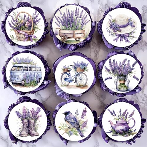 Fyeoxle 36PCS Edible Lavender Floral Cupcake Toppers Wafer Paper Purple Flowers Cake Picks Edible Lavender Bouquet Cupcake Toppers for Wedding Birthday Theme Floral Cake Decor Supplies