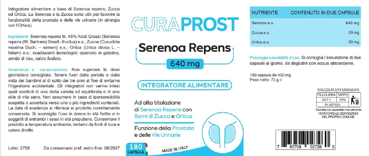 Serenoa repens prostata Integratore Prostata 640 mg - 180 Capsule - Saw palmetto -Formula Complex - integratore Uomo benessere delle vie Urinarie
