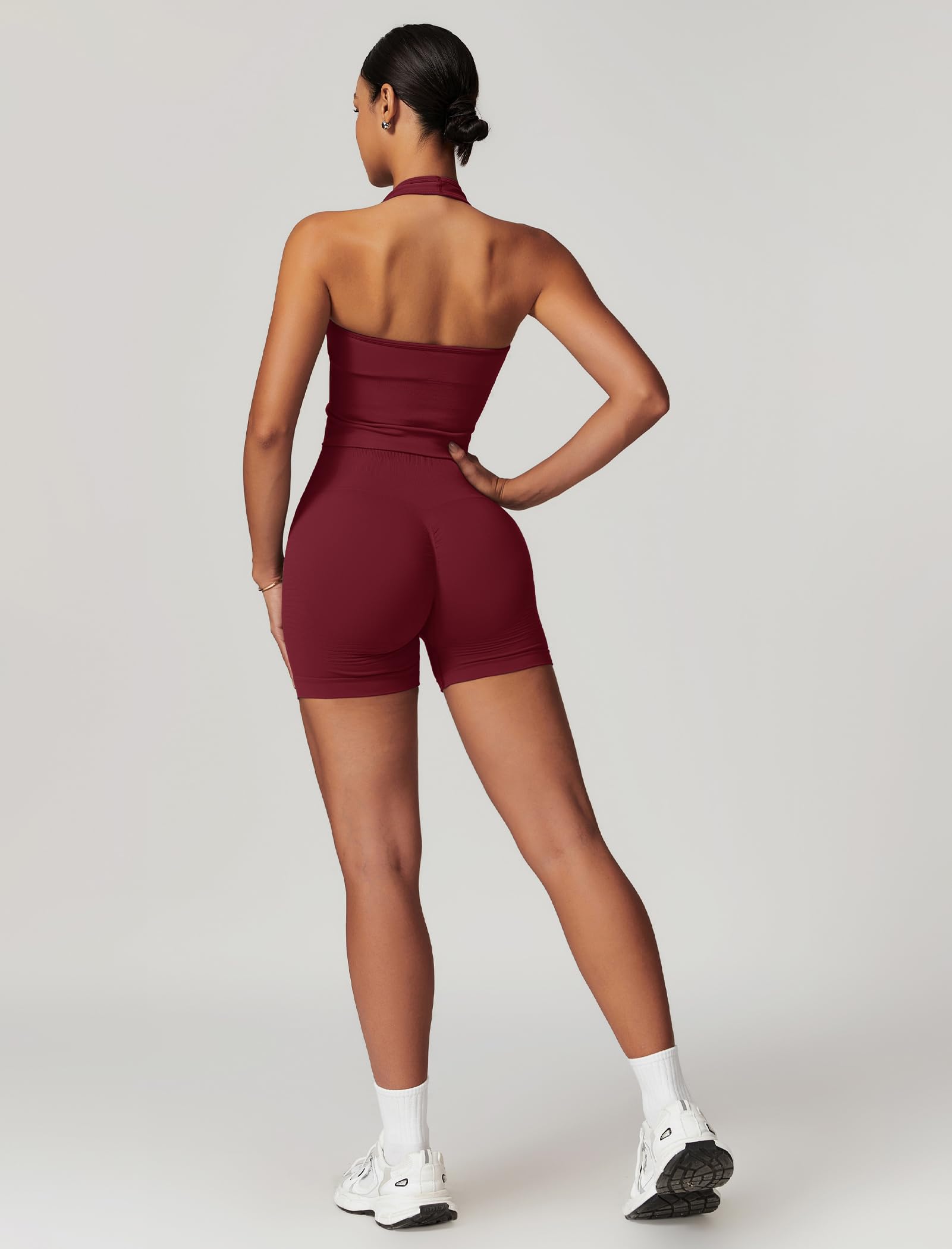 Odizli Sport Set Damen Kurz Neckholder V-Ausschnitt BH Top + High Waist Shorts Gym Fitness Outfit