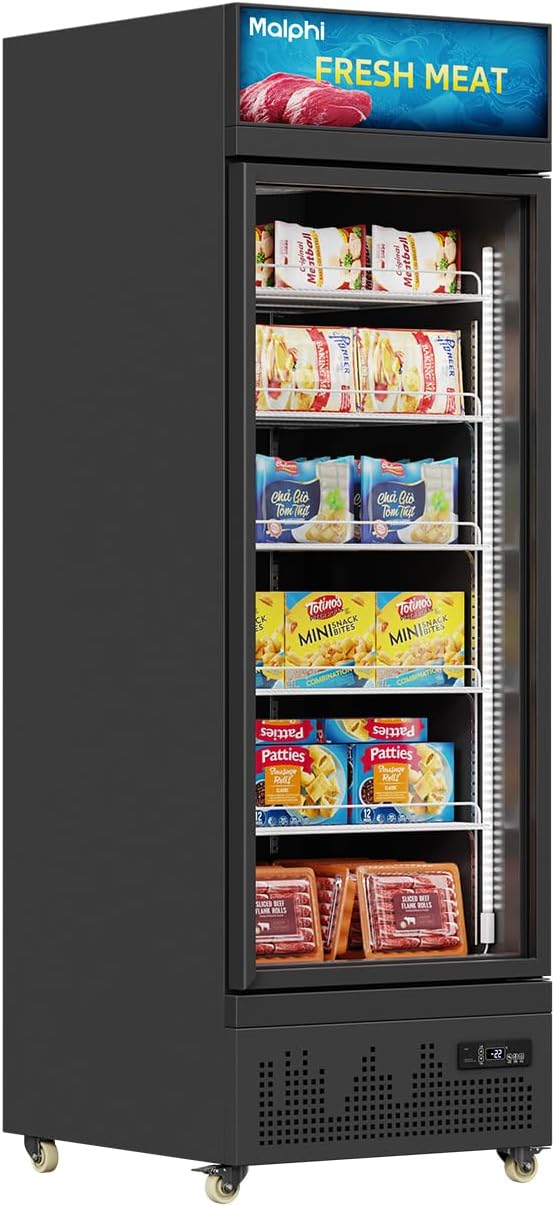 Malphi Commercial Refrigerator with Lighting Box 400Litre Upright Freezer -22℃ to -18℃ Self-Closing Door Display Fridge H1980xD750xW750mm Adjustable Shelves for Ice Cream Meat (Black, Single Door)