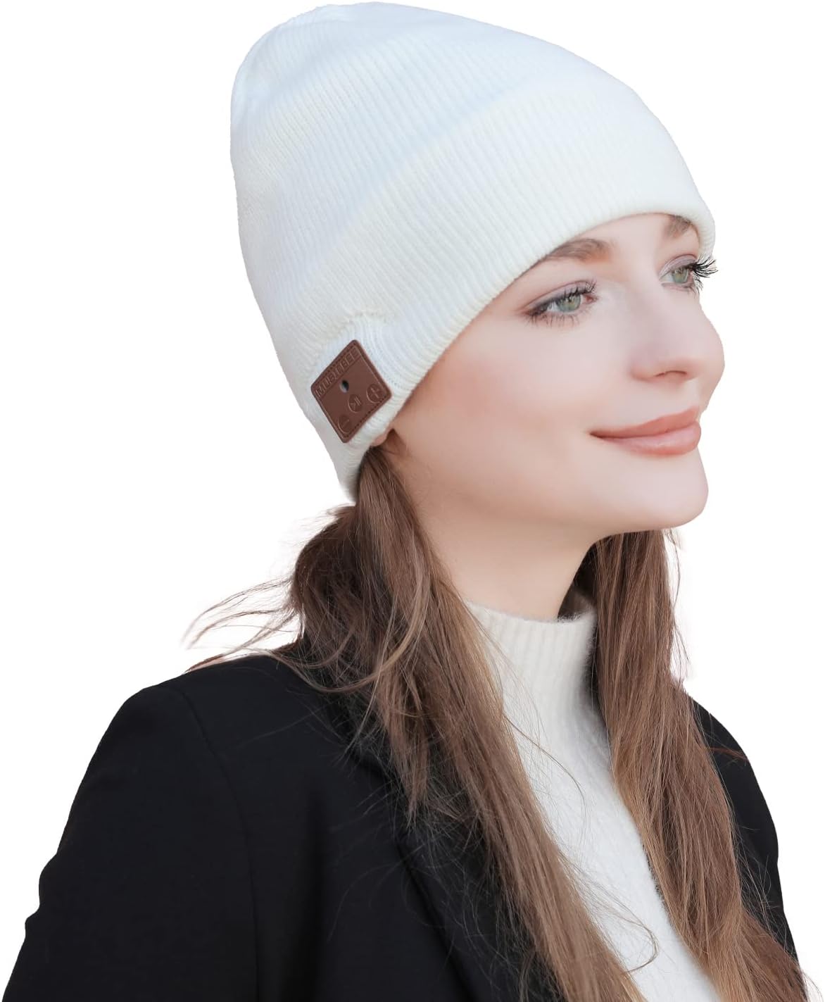 beanie Bluetooth, MUSICBEE Bluetooth V5.2 Wireless Knit Winter Cap, 24 Hour Play time, Built-in Microphone and HD Stereo Speakers(White