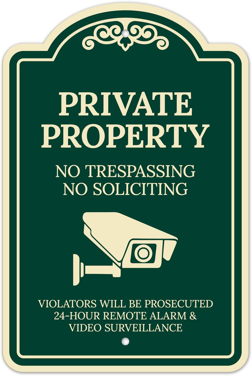 No Trespassing No Soliciting Violators Will Be Prosecuted 24 Hour Remote Décor Sign, Green Dark, 12x18 Inches, ACM, Fade Resistant, Made in USA